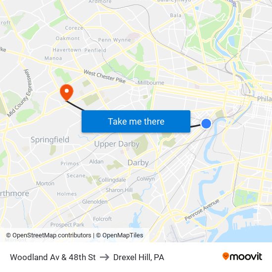 Woodland Av & 48th St to Drexel Hill, PA map