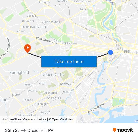 36th St to Drexel Hill, PA map
