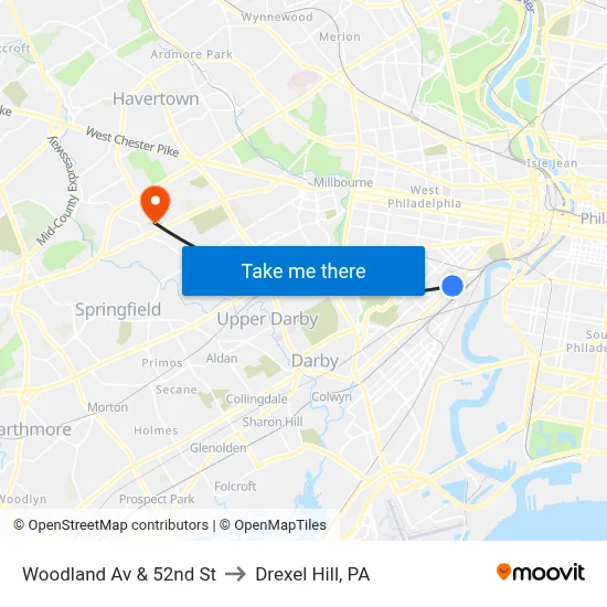 Woodland Av & 52nd St to Drexel Hill, PA map