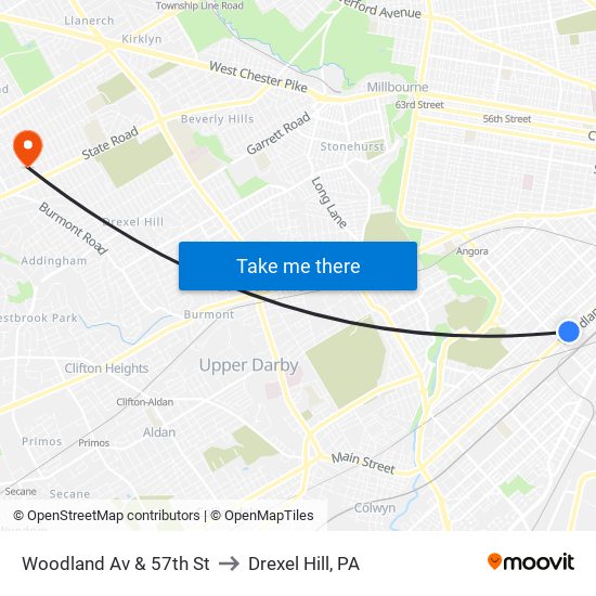 Woodland Av & 57th St to Drexel Hill, PA map
