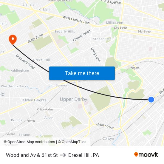 Woodland Av & 61st St to Drexel Hill, PA map