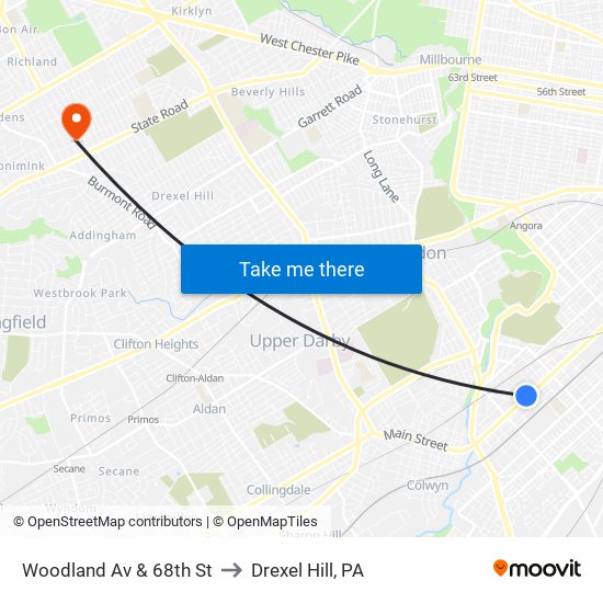 Woodland Av & 68th St to Drexel Hill, PA map