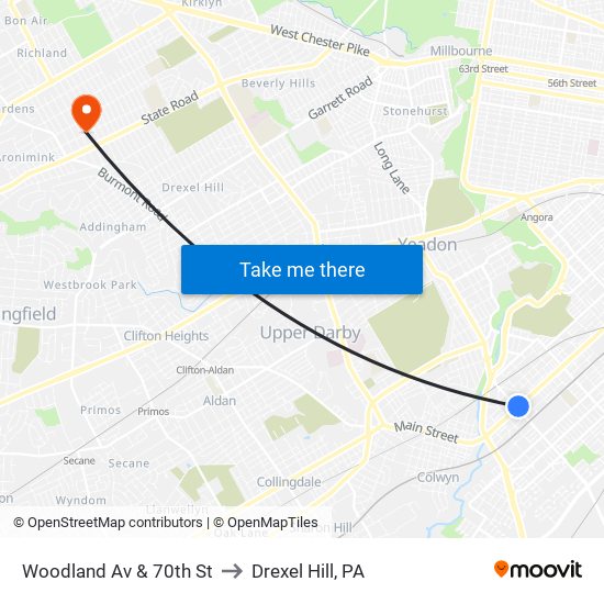 Woodland Av & 70th St to Drexel Hill, PA map