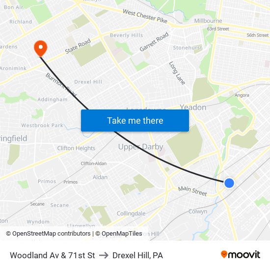 Woodland Av & 71st St to Drexel Hill, PA map
