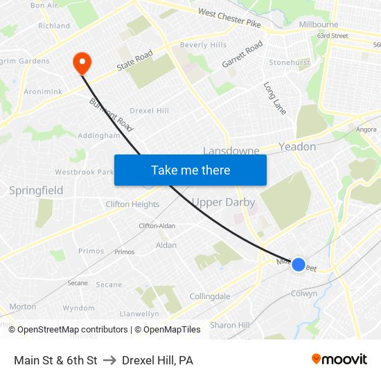 Main St & 6th St to Drexel Hill, PA map