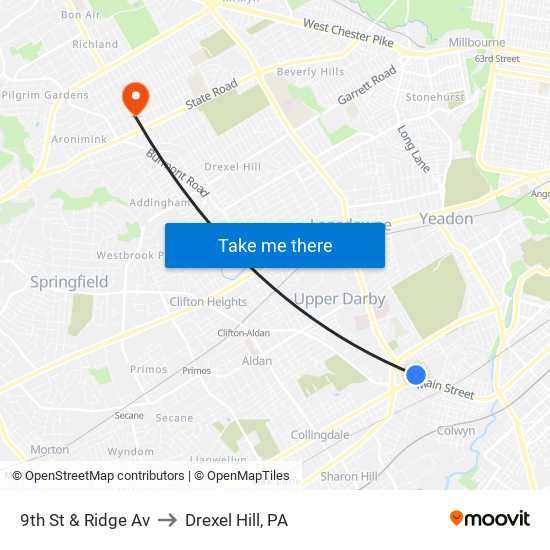 9th St & Ridge Av to Drexel Hill, PA map