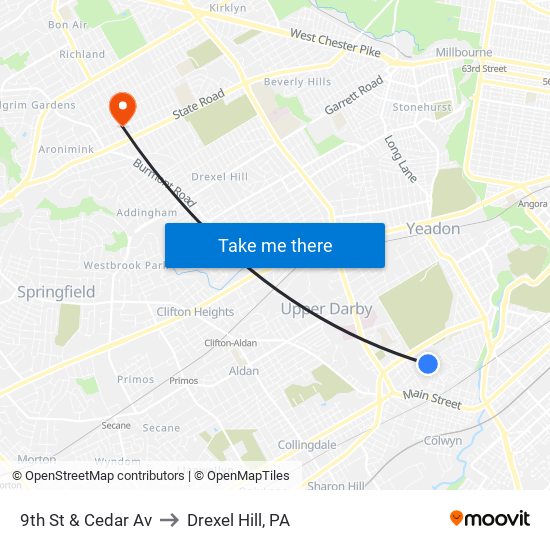 9th St & Cedar Av to Drexel Hill, PA map