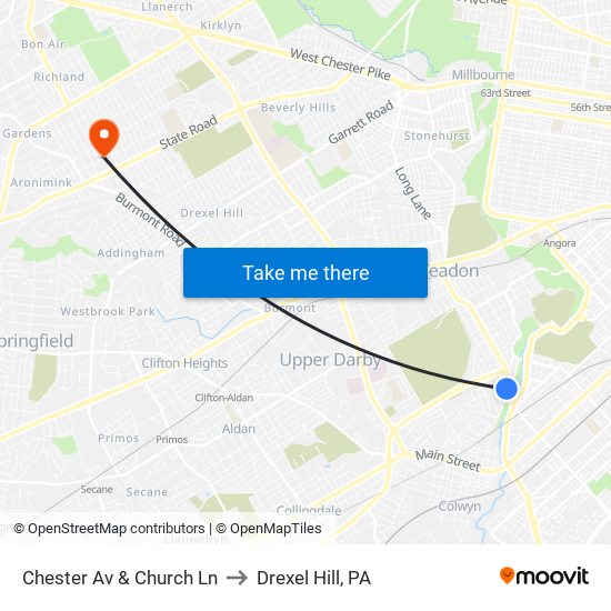 Chester Av & Church Ln to Drexel Hill, PA map