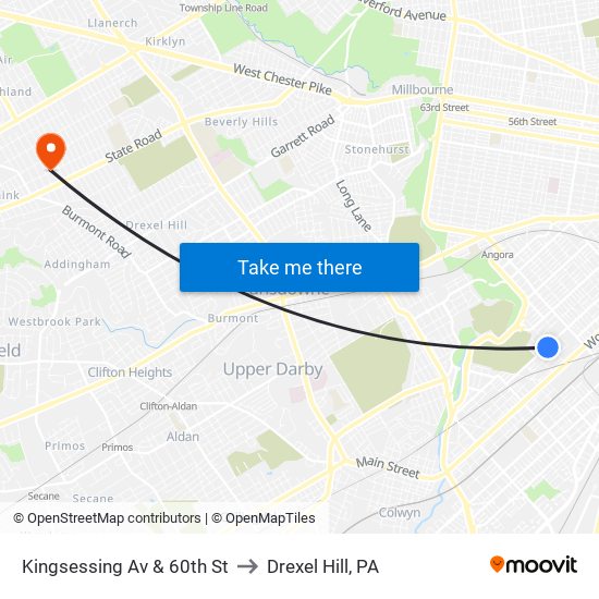 Kingsessing Av & 60th St to Drexel Hill, PA map