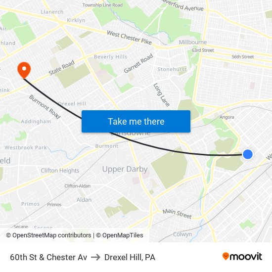 60th St & Chester Av to Drexel Hill, PA map