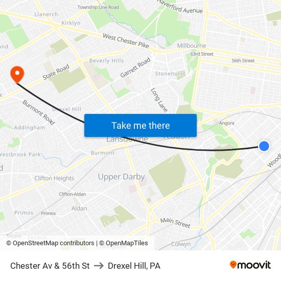 Chester Av & 56th St to Drexel Hill, PA map