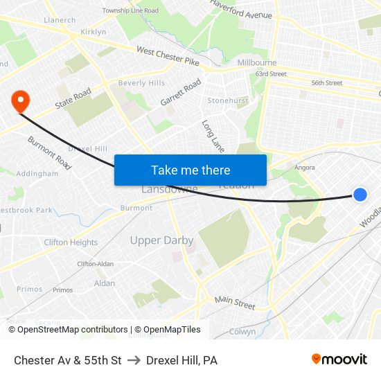 Chester Av & 55th St to Drexel Hill, PA map