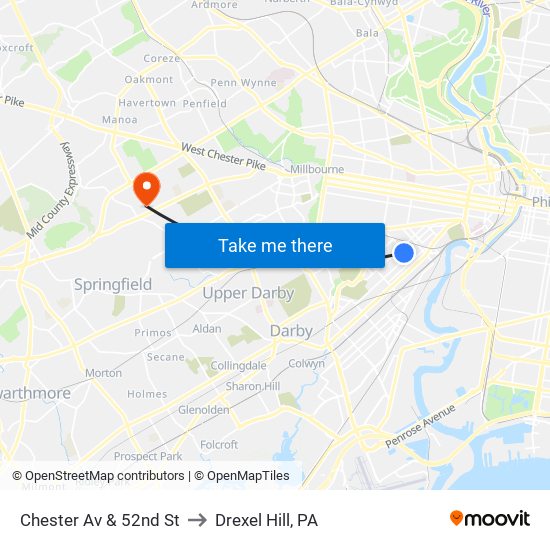 Chester Av & 52nd St to Drexel Hill, PA map