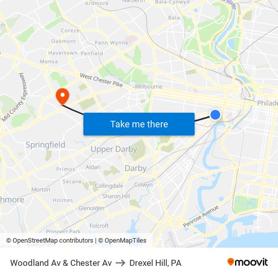 Woodland Av & Chester Av to Drexel Hill, PA map