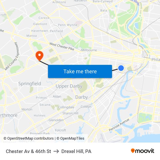 Chester Av & 46th St to Drexel Hill, PA map
