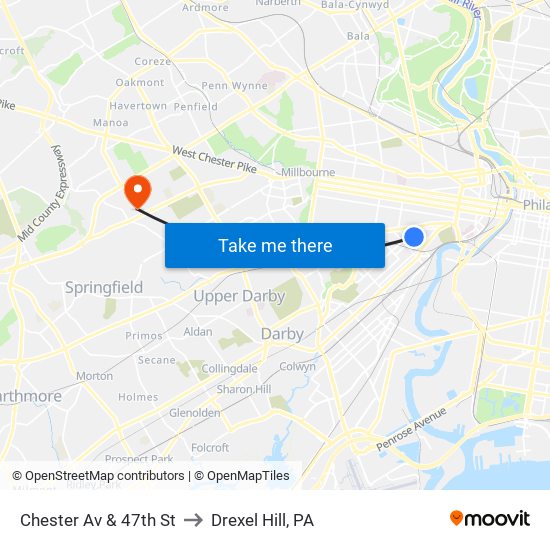 Chester Av & 47th St to Drexel Hill, PA map