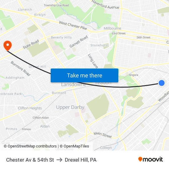 Chester Av & 54th St to Drexel Hill, PA map