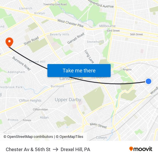 Chester Av & 56th St to Drexel Hill, PA map