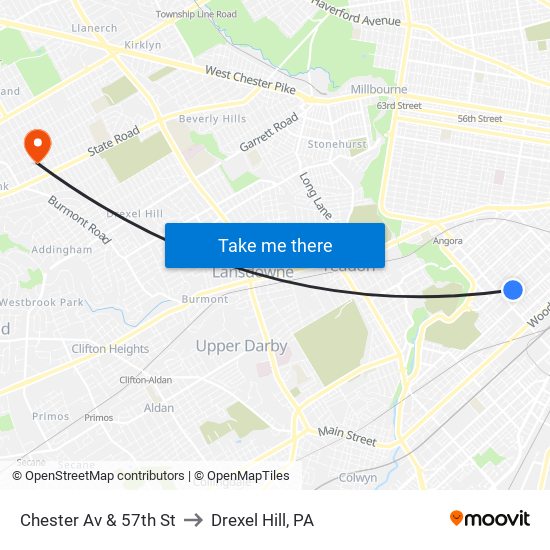 Chester Av & 57th St to Drexel Hill, PA map