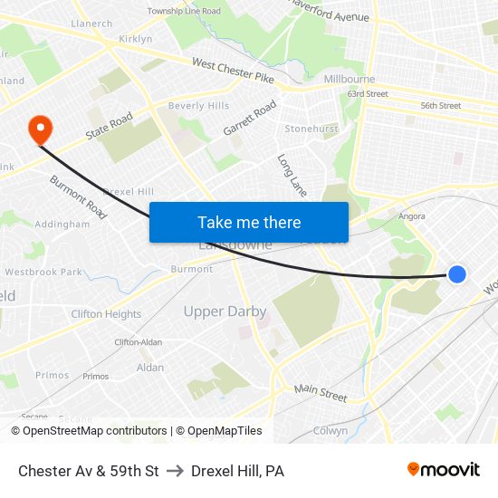 Chester Av & 59th St to Drexel Hill, PA map