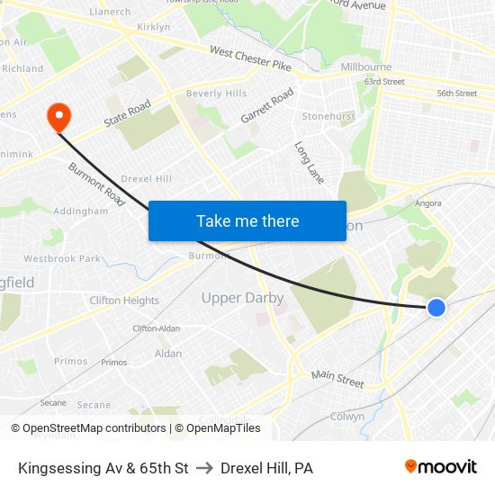 Kingsessing Av & 65th St to Drexel Hill, PA map
