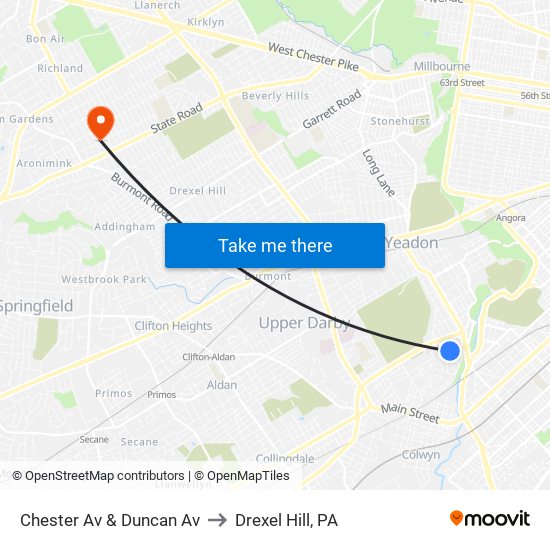 Chester Av & Duncan Av to Drexel Hill, PA map