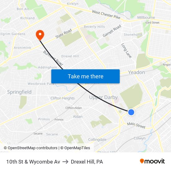 10th St & Wycombe Av to Drexel Hill, PA map