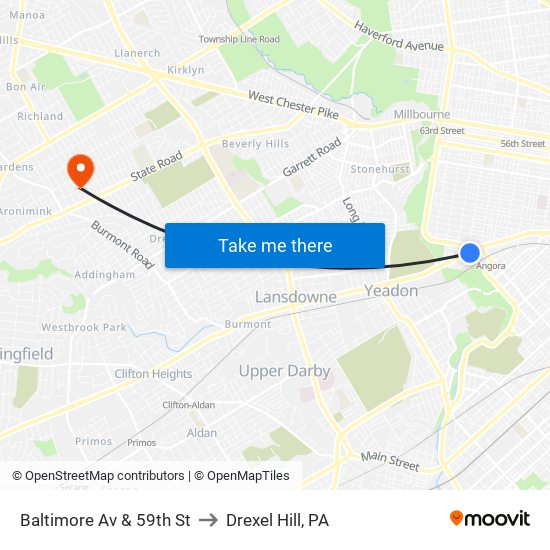 Baltimore Av & 59th St to Drexel Hill, PA map