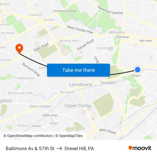 Baltimore Av & 57th St to Drexel Hill, PA map