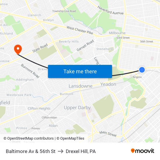 Baltimore Av & 56th St to Drexel Hill, PA map