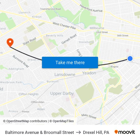 Baltimore Avenue & Broomall Street to Drexel Hill, PA map