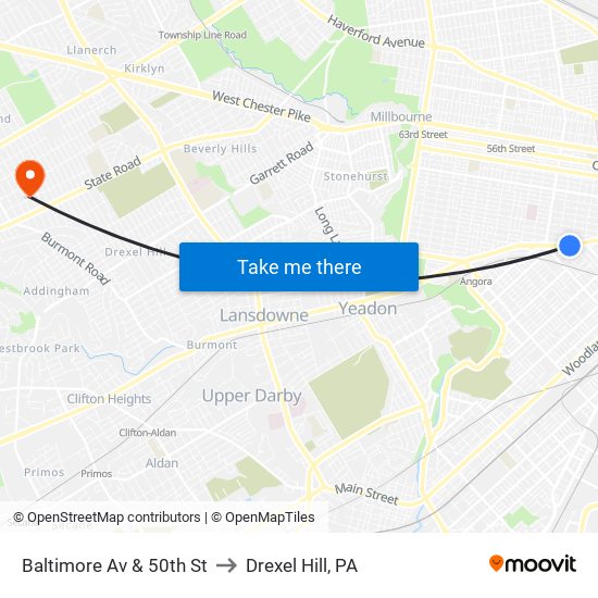 Baltimore Av & 50th St to Drexel Hill, PA map