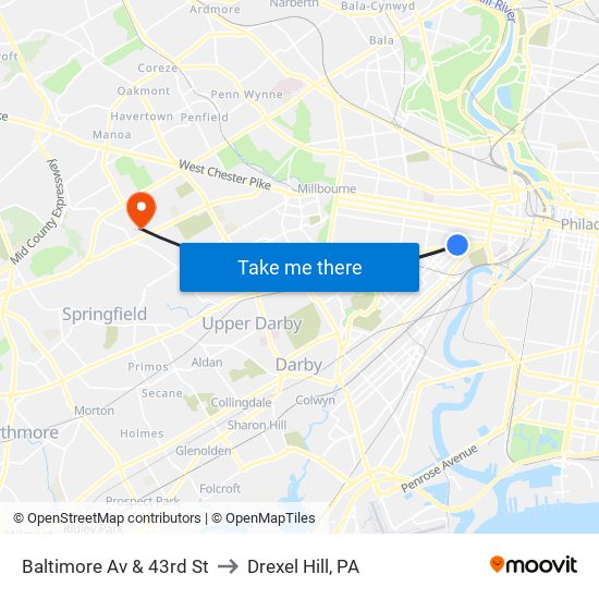 Baltimore Av & 43rd St to Drexel Hill, PA map