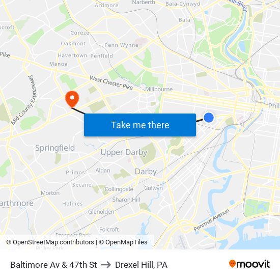 Baltimore Av & 47th St to Drexel Hill, PA map