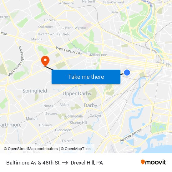 Baltimore Av & 48th St to Drexel Hill, PA map