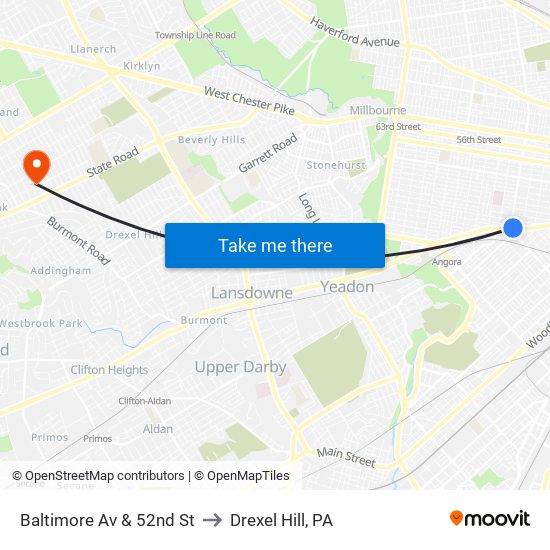 Baltimore Av & 52nd St to Drexel Hill, PA map