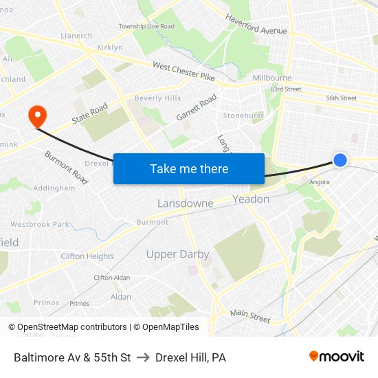 Baltimore Av & 55th St to Drexel Hill, PA map