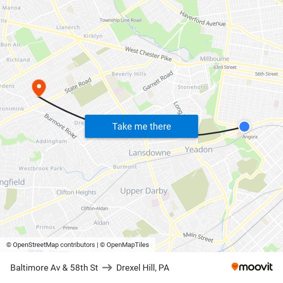 Baltimore Av & 58th St to Drexel Hill, PA map