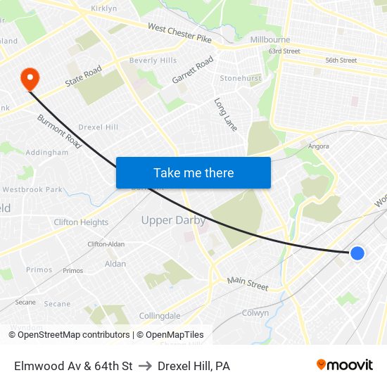 Elmwood Av & 64th St to Drexel Hill, PA map