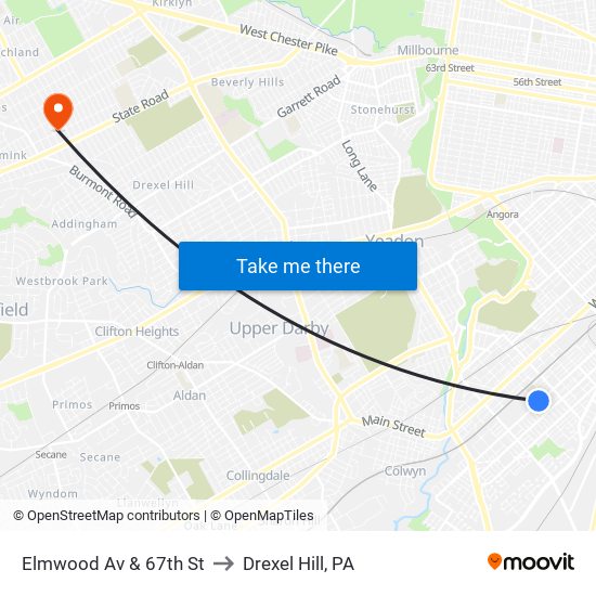 Elmwood Av & 67th St to Drexel Hill, PA map