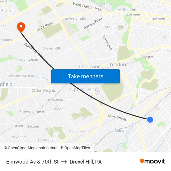 Elmwood Av & 70th St to Drexel Hill, PA map