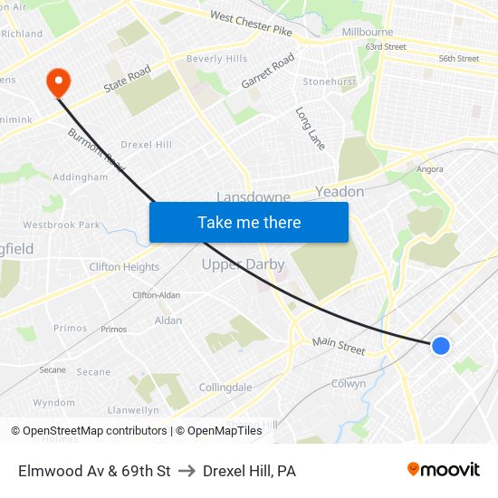 Elmwood Av & 69th St to Drexel Hill, PA map