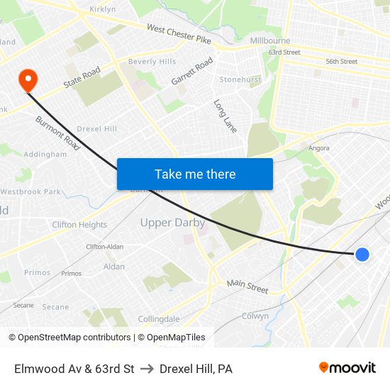 Elmwood Av & 63rd St to Drexel Hill, PA map