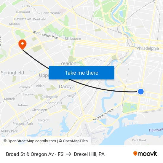 Broad St & Oregon Av - FS to Drexel Hill, PA map