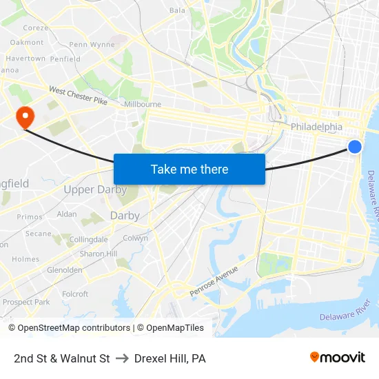 2nd St & Walnut St to Drexel Hill, PA map