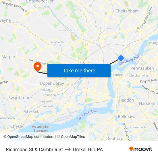 Richmond St & Cambria St to Drexel Hill, PA map