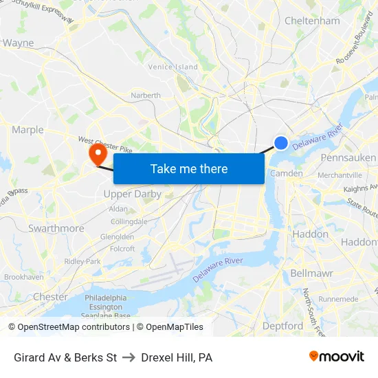 Girard Av & Berks St to Drexel Hill, PA map