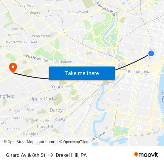 Girard Av & 8th St to Drexel Hill, PA map