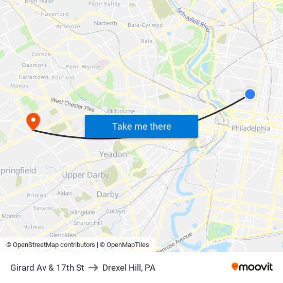 Girard Av & 17th St to Drexel Hill, PA map