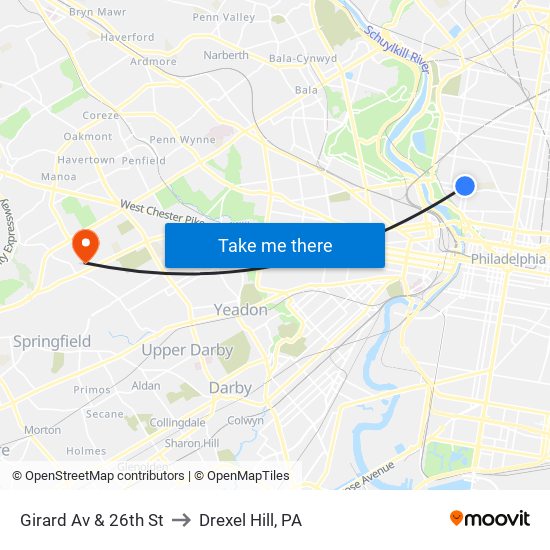 Girard Av & 26th St to Drexel Hill, PA map